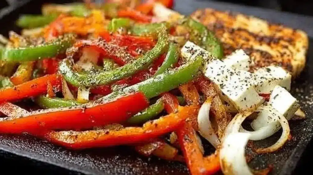 Delicious Blackstone chicken fajitas with vibrant vegetables on a grill.