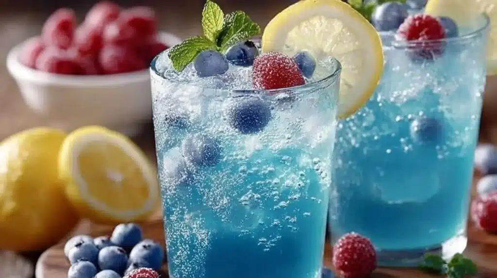 A refreshing glass of blue raspberry lemonade with ice and lemon slices