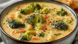 Broccoli Cheddar Soup Recipe (Better Than Restaurant) Bowl of creamy Broccoli Cheddar Soup garnished with fresh broccoli and cheese