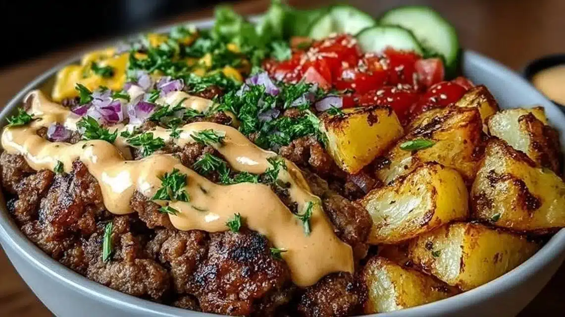 Burger Bowls (Easy, Healthy & Loaded with Flavor!) 1 Delicious homemade burger bowls with fresh toppings and ingredients.