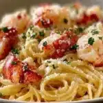A delicious plate of buttered lobster pasta with herbs and lemon.