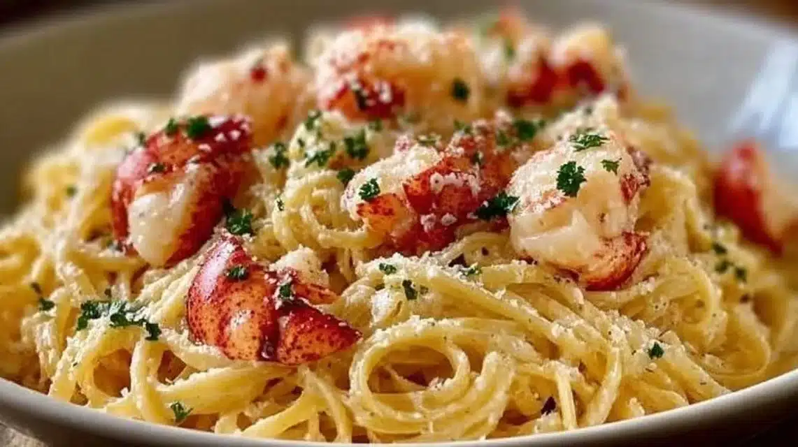 Buttered Lobster Pasta (Easy Garlic Butter Sauce) 1 A delicious plate of buttered lobster pasta with herbs and lemon.