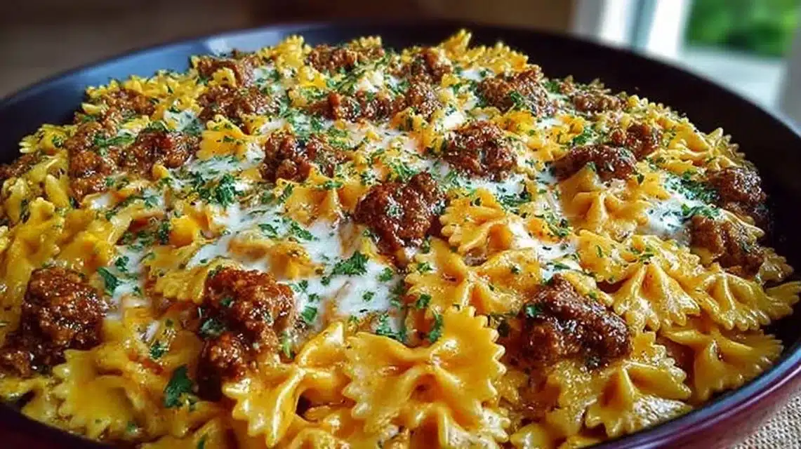 Cajun Cream Cheese Alfredo Bowties (Creamy, Spicy, and Easy) 1 Cajun Cream Cheese Alfredo Bowties with Spiced Ground Beef plated beautifully.