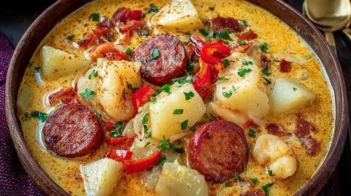 Bowl of delicious Cajun Potato Soup garnished with herbs and spices