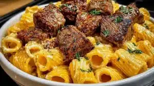 Cajun steak tips served with creamy cheesy rigatoni on a plate