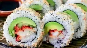 California Roll Sushi with avocado and crab, served on a plate