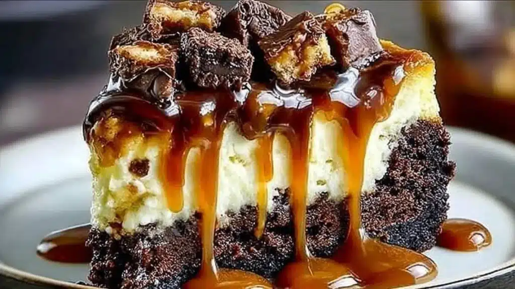 Decadent caramel brownie cheesecake topped with chocolate drizzle