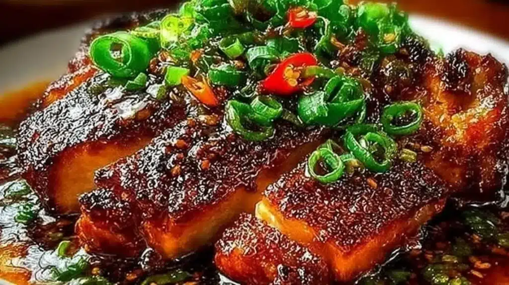 Delicious caramelized soy chicken served with vegetables and garnished.