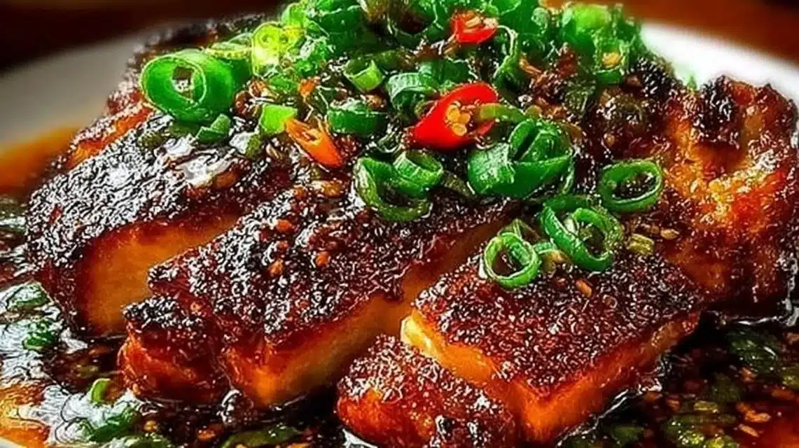 Delicious caramelized soy chicken served with vegetables and garnished.