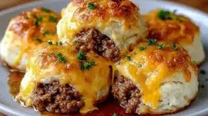 Cheesy beef biscuit bombs fresh out of the oven, ready to be served.