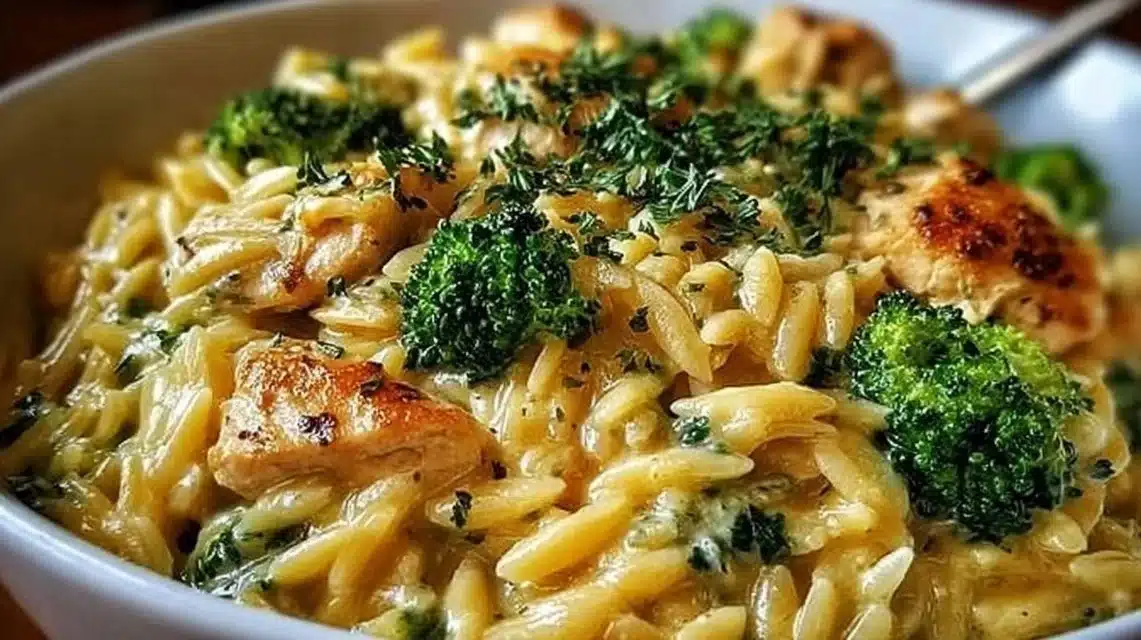 Cheesy Chicken and Broccoli Orzo (Better Than a Casserole) 1 Cheesy Chicken Broccoli Orzo served in a bowl with fresh broccoli and chicken pieces