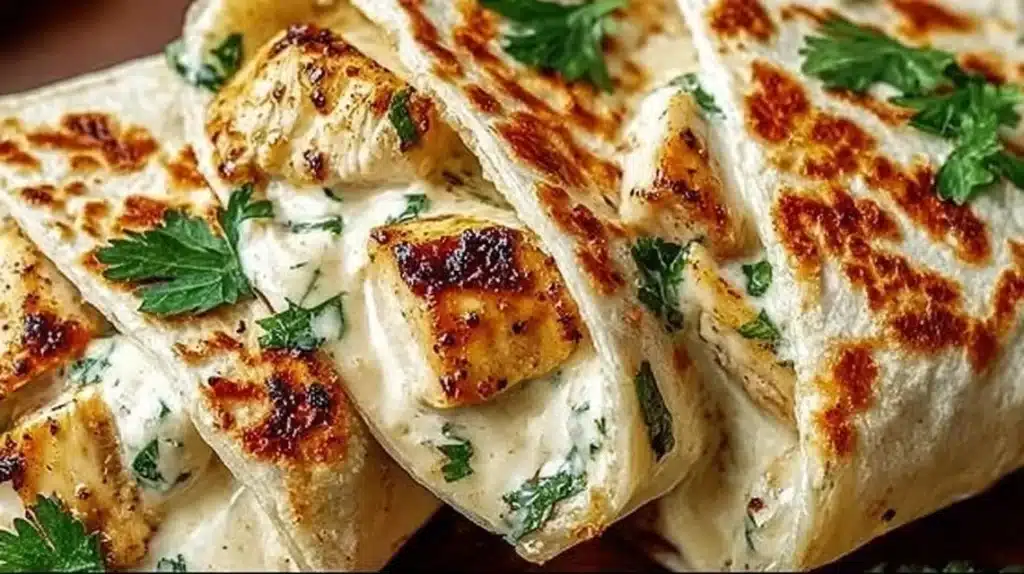 Cheesy garlic chicken wraps filled with chicken, cheese, and garlic sauce.