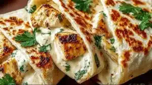 Cheesy garlic chicken wraps filled with chicken, cheese, and garlic sauce.