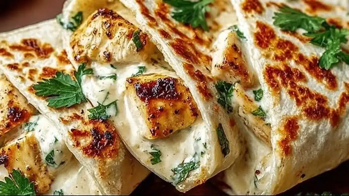 Easy Cheesy Garlic Chicken Wraps Ready in 20 Minutes 1 Cheesy garlic chicken wraps filled with chicken, cheese, and garlic sauce.