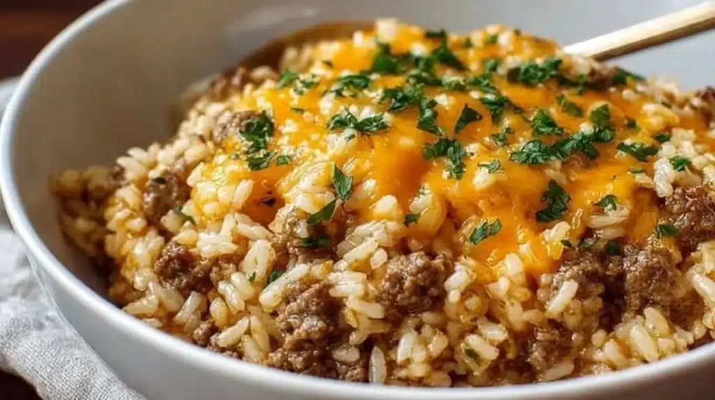 Cheesy Ground Beef and Rice Casserole served in a baking dish