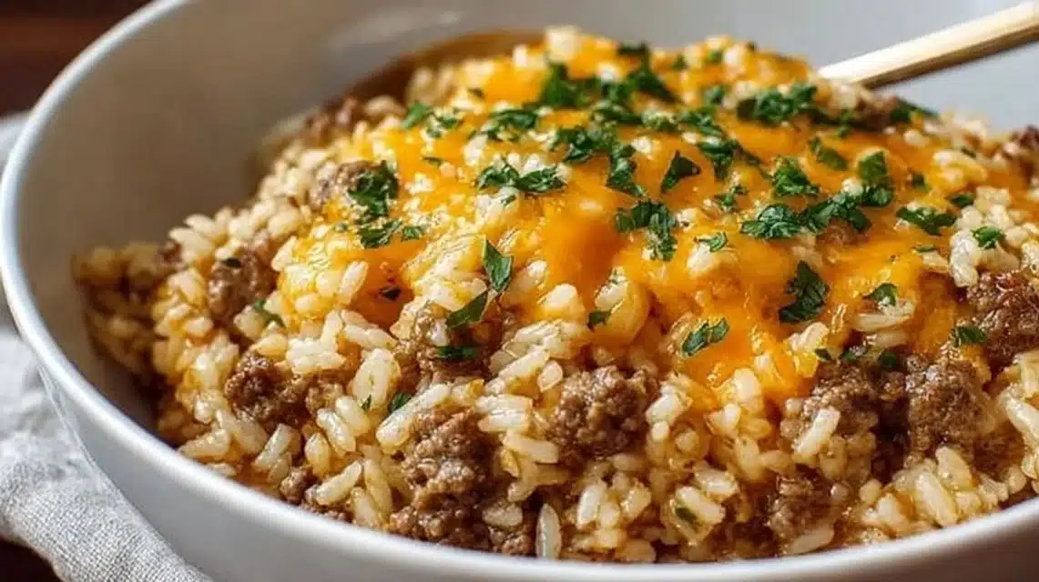 Cheesy Ground Beef and Rice Casserole (Easy Comfort Food) 1 Cheesy Ground Beef and Rice Casserole served in a baking dish
