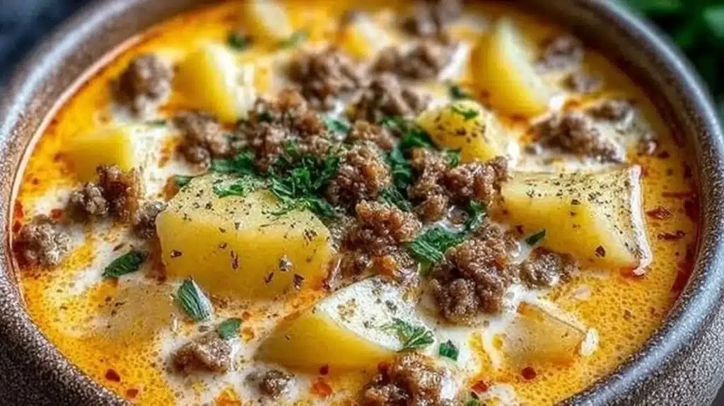 Bowl of cheesy hamburger potato soup topped with herbs and cheese