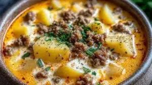 Easy Cheesy Hamburger Potato Soup Ready in 30 Minutes Bowl of cheesy hamburger potato soup topped with herbs and cheese
