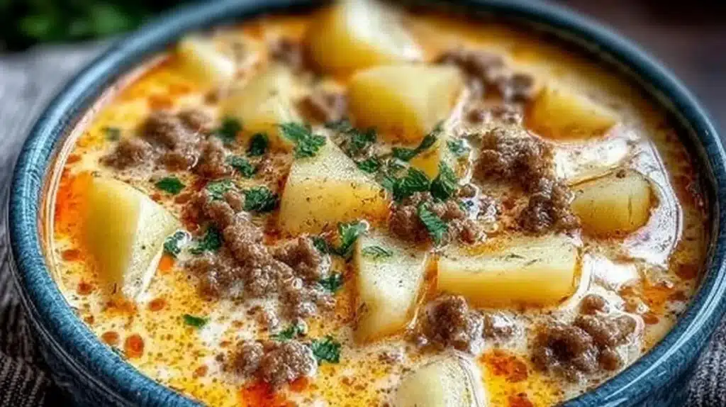 Bowl of cheesy hamburger potato soup garnished with herbs