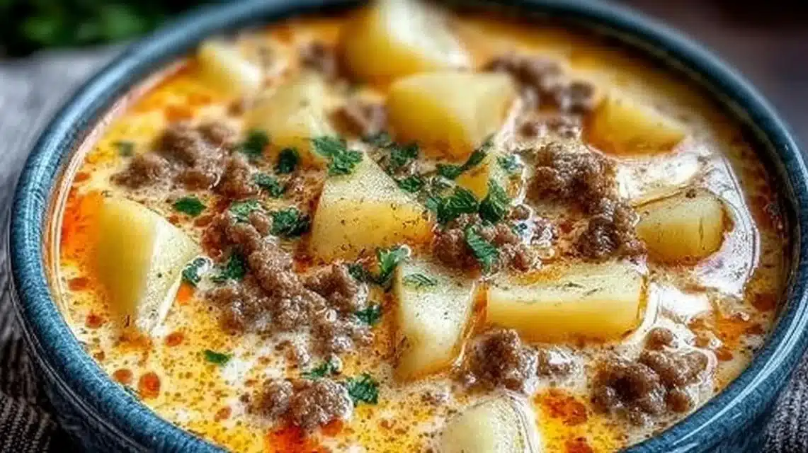 Cheesy Hamburger Potato Soup (Creamy, Hearty & Easy!) 1 Bowl of cheesy hamburger potato soup garnished with herbs