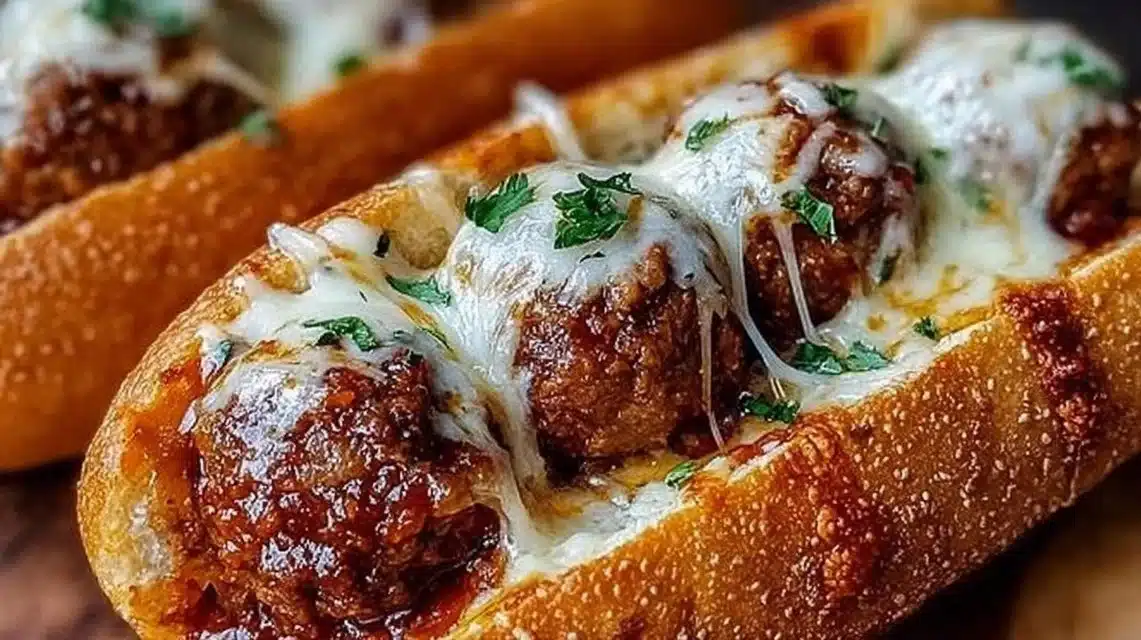 Cheesy meatball subs with melted cheese and fresh toppings on a toasted bun