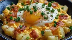 Delicious cheesy potato egg scramble served in a bowl