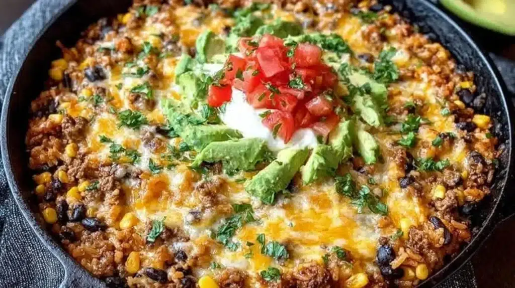 Cheesy taco rice skillet with melted cheese and colorful toppings
