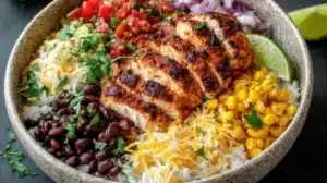 Chicken and black bean burrito bowls with fresh vegetables and toppings