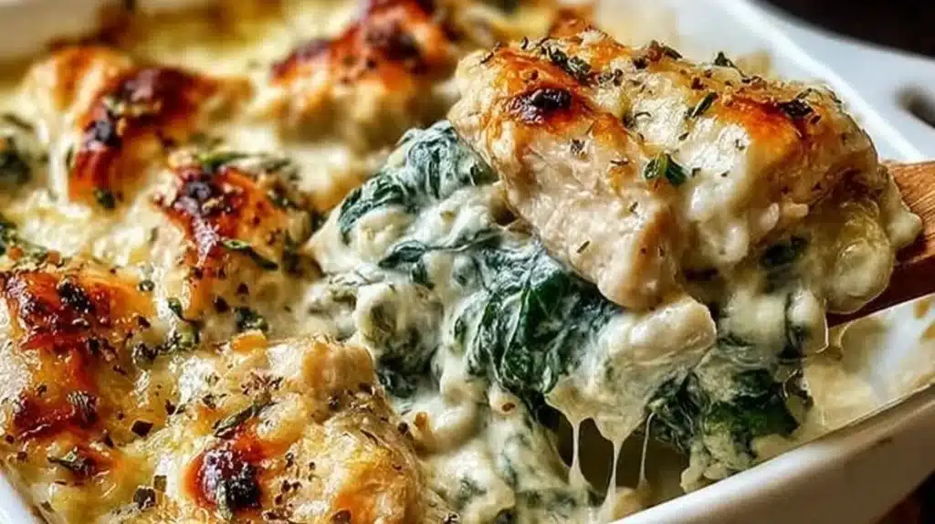 Creamy Chicken and Spinach Casserole with Cream Cheese served in a baking dish