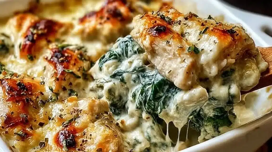 Chicken and Spinach Casserole with Cream Cheese (Easy!) 1 Creamy Chicken and Spinach Casserole with Cream Cheese served in a baking dish