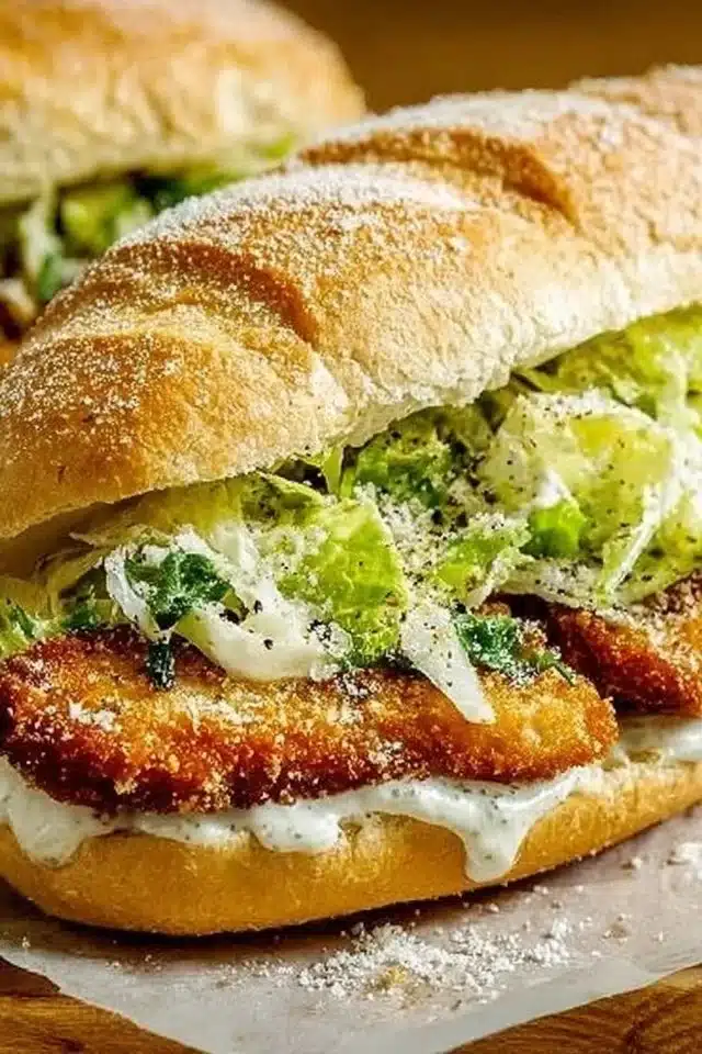 Chicken Caesar Sandwiches feature well-seasoned, crispy chicken, Caesar salad, and Parmesan cheese layered on soft bread.