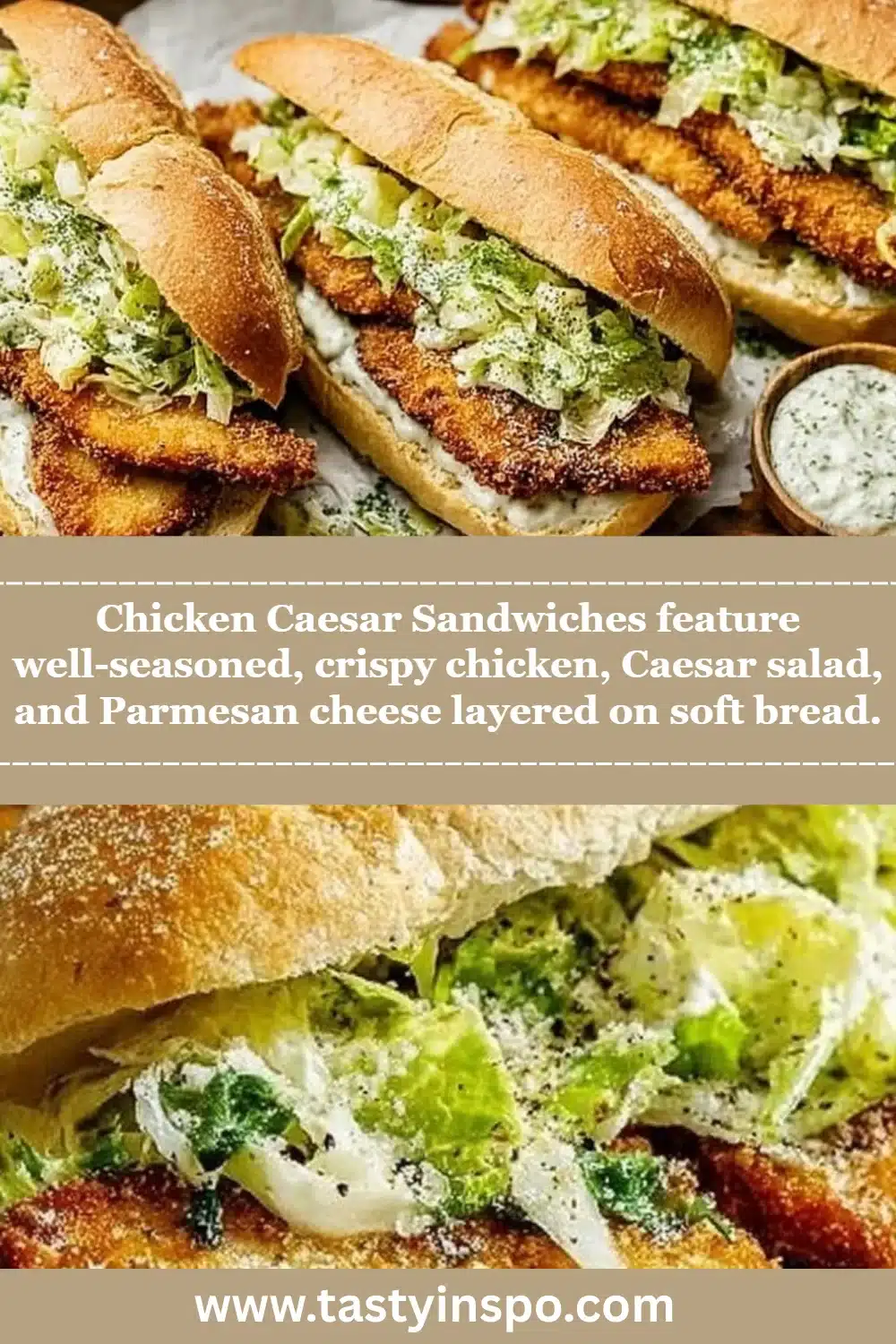 Chicken Caesar Sandwiches feature well-seasoned, crispy chicken, Caesar salad, and Parmesan cheese layered on soft bread.