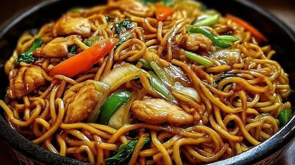 Delicious homemade Chicken Lo Mein served in a bowl with colorful vegetables.