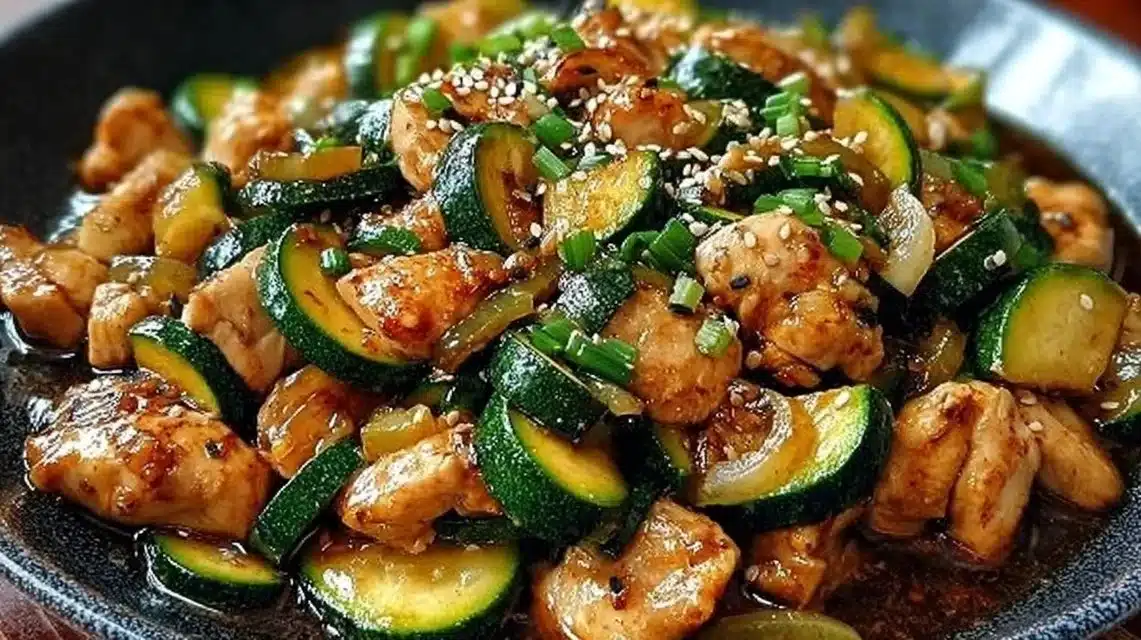 Chicken Zucchini Stir Fry (Easy 20-Min Dinner) 1 Delicious Chicken Zucchini Stir Fry with colorful vegetables in a skillet