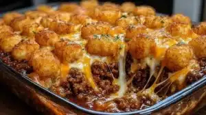 Chili Cheese Tater Tot Casserole Easy Cheesy Comfort Food Delicious Chili Cheese Tater Tot Casserole served in a baking dish