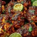 Delicious Chili Lime Chicken garnished with lime and herbs on a plate