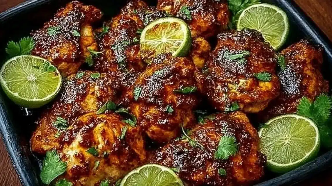 Delicious Chili Lime Chicken garnished with lime and herbs on a plate