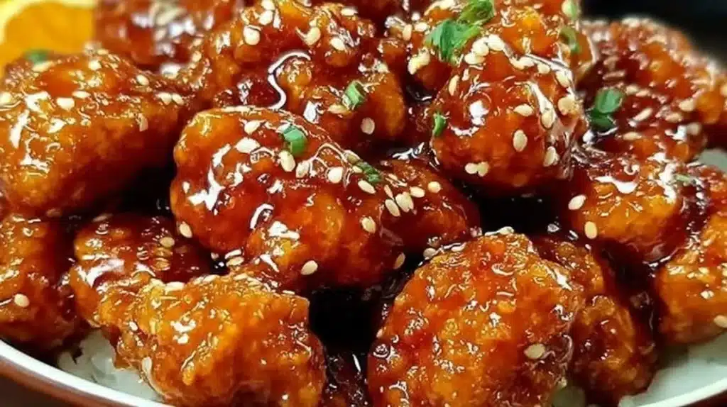 Delicious plate of Chinese Orange Chicken with vibrant orange sauce and rice