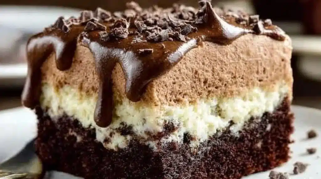 Delicious Chocolate Italian Love Cake served on a plate with chocolate drizzle