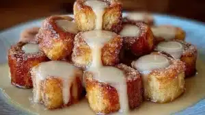 Plate of Cinnamon Roll French Toast Bites topped with icing and served with syrup.