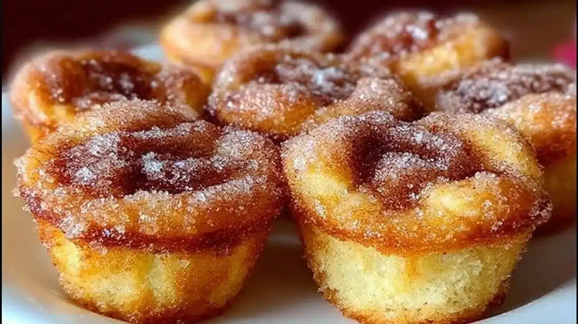 Cinnamon Sugar French Toast Muffins (Easy Breakfast Treat) 1 Cinnamon Sugar French Toast Muffins fresh from the oven, topped with sugar.