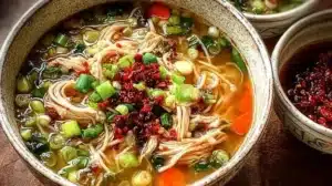 Bowl of classic ginger garlic chicken noodle soup with fresh ingredients
