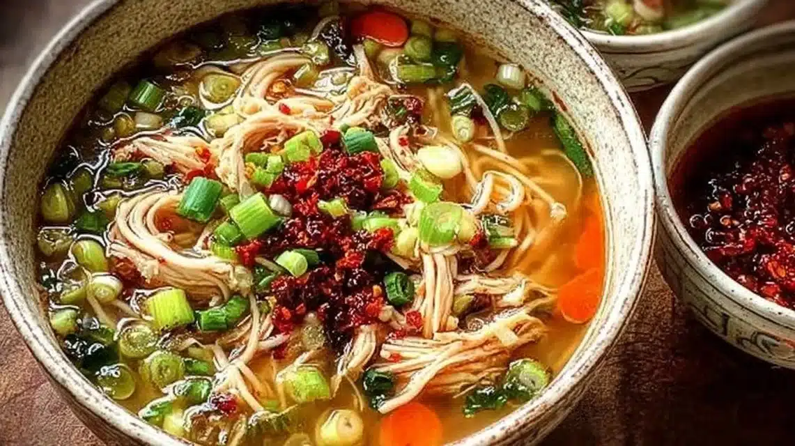 Easy Ginger Garlic Chicken Noodle Soup (Better Than Store-Bought) 1 Bowl of classic ginger garlic chicken noodle soup with fresh ingredients
