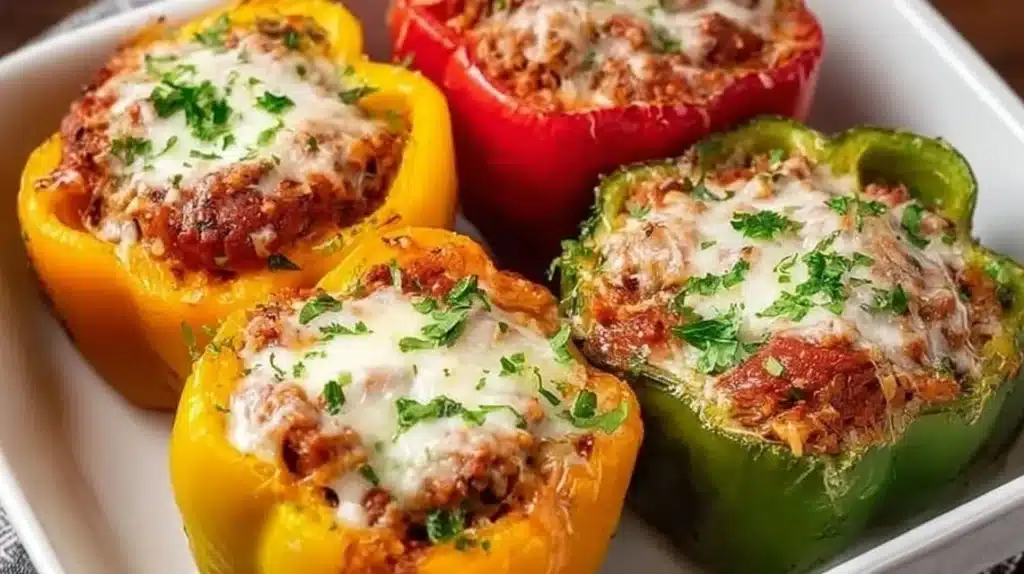 A plate of classic stuffed peppers filled with rice, meat, and vegetables
