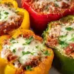 A plate of classic stuffed peppers filled with rice, meat, and vegetables