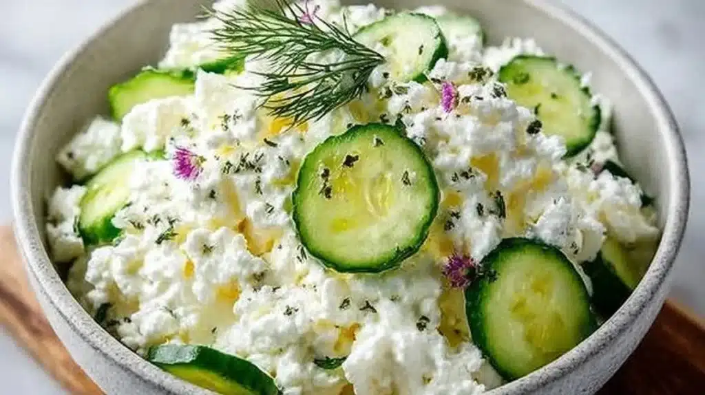 Cottage cheese and cucumber salad in a bowl, garnished with herbs