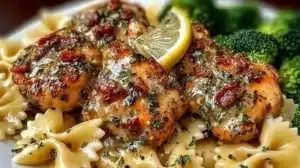 Cowboy Butter Lemon Bowtie Chicken with Broccoli (Easy!) Delicious Cowboy Butter Lemon Bowtie Chicken served with Broccoli in a vibrant dish.