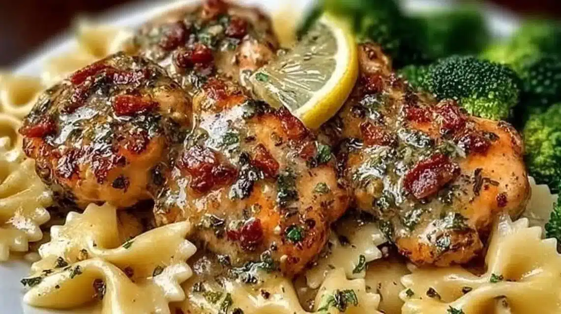 Delicious Cowboy Butter Lemon Bowtie Chicken served with Broccoli in a vibrant dish.