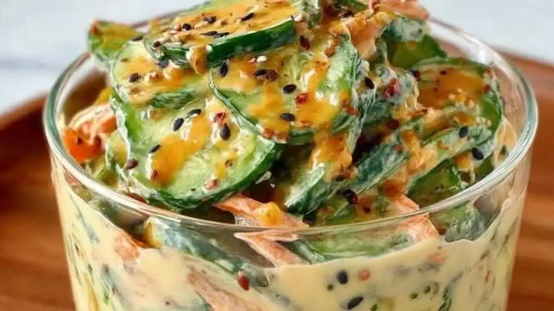 Easy Creamy Asian Cucumber Salad Bowl Recipe (Better Than Takeout) 1 Creamy Asian cucumber salad bowl with fresh cucumbers and vibrant dressing