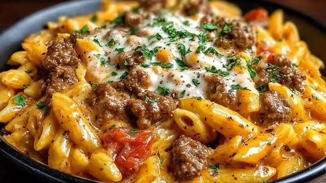 Creamy Beef Pasta (Easy, Cozy Weeknight Dinner!) 1 Delicious creamy beef pasta served in a bowl with herbs and parmesan cheese